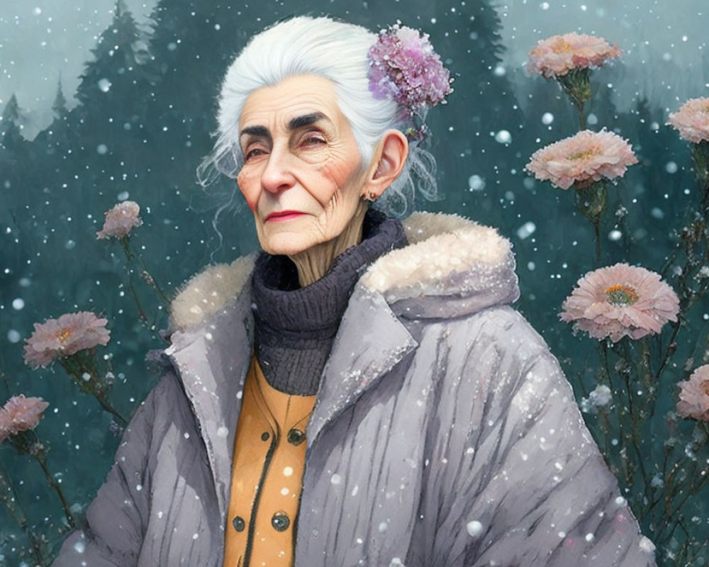 Elderly woman with white hair and flower in coat, snowy backdrop with pink flowers