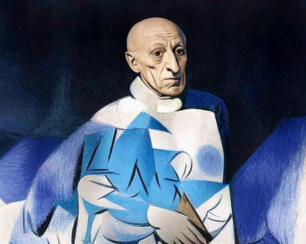 Person's head edited onto cubist-style body in Picasso-esque art.