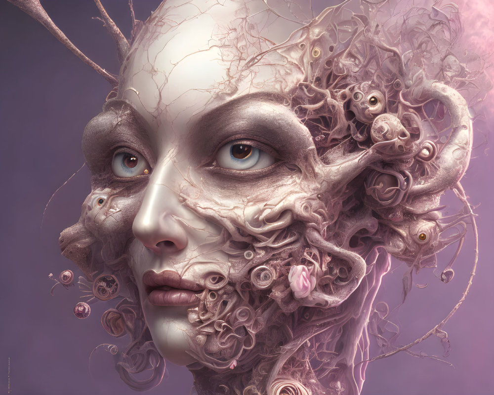 Surreal humanoid figure with intricate textures and organic shapes