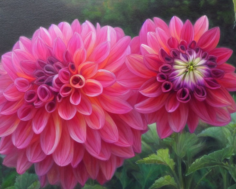 Vibrant Pink Dahlias with Green Leaves on Dark Background