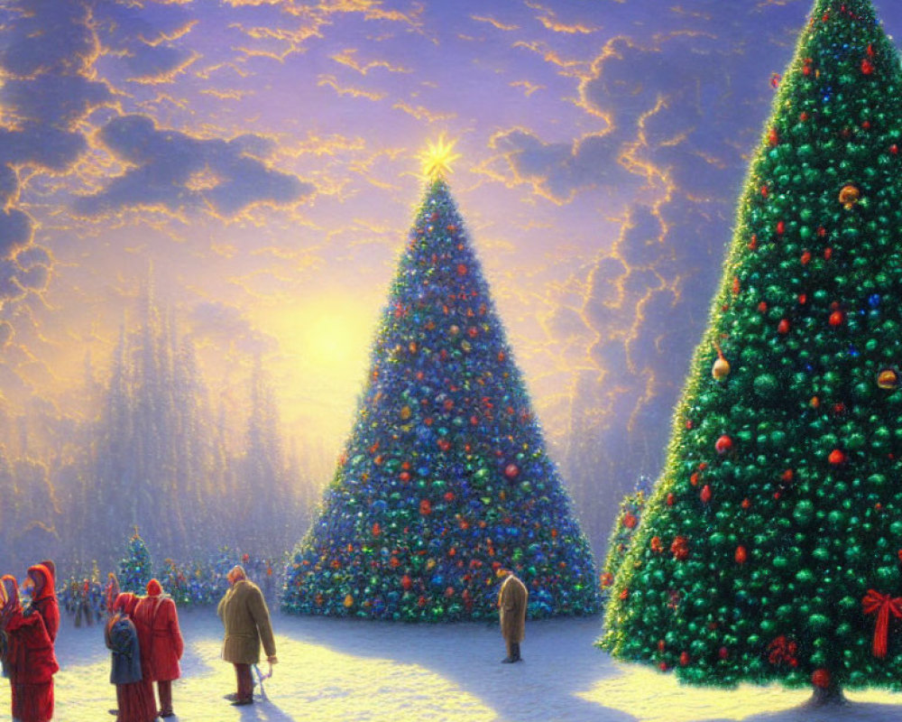 Vibrant sunset colors over snowy Christmas tree scene with bundled people