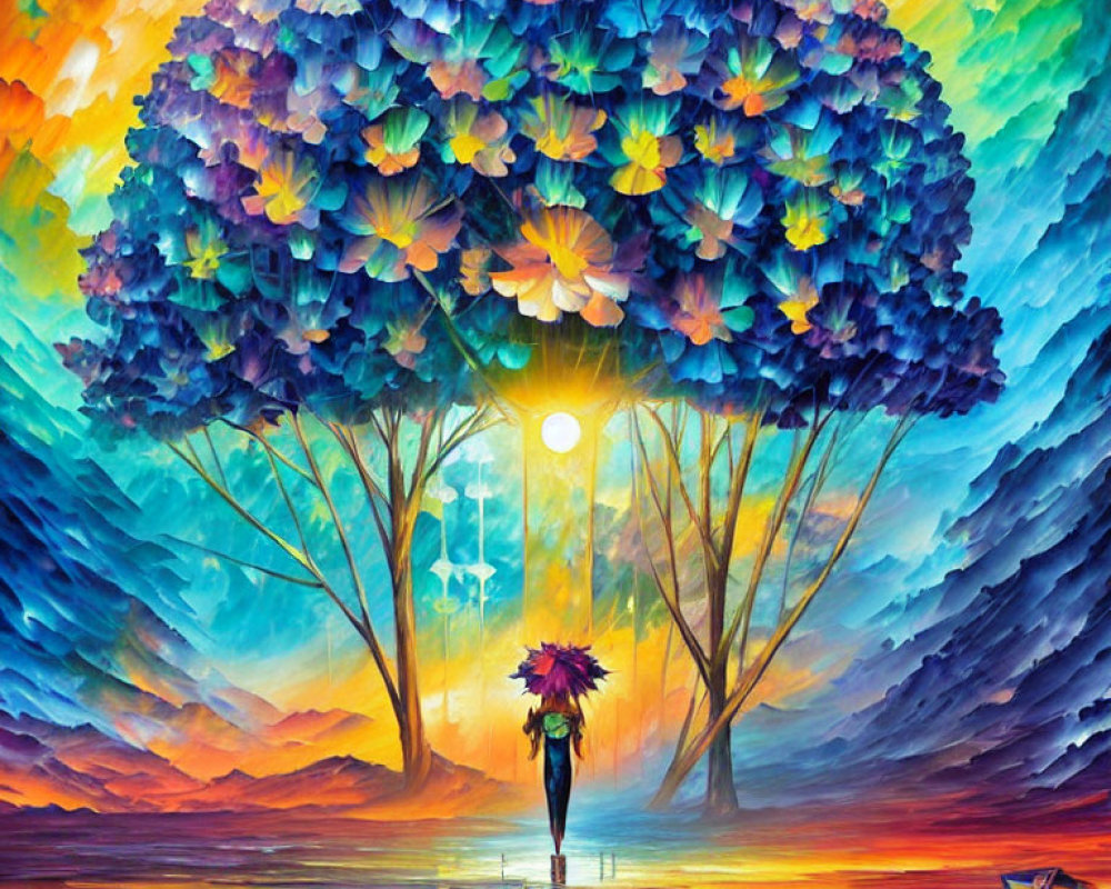 Colorful painting of person with umbrella under flowering tree on reflective surface