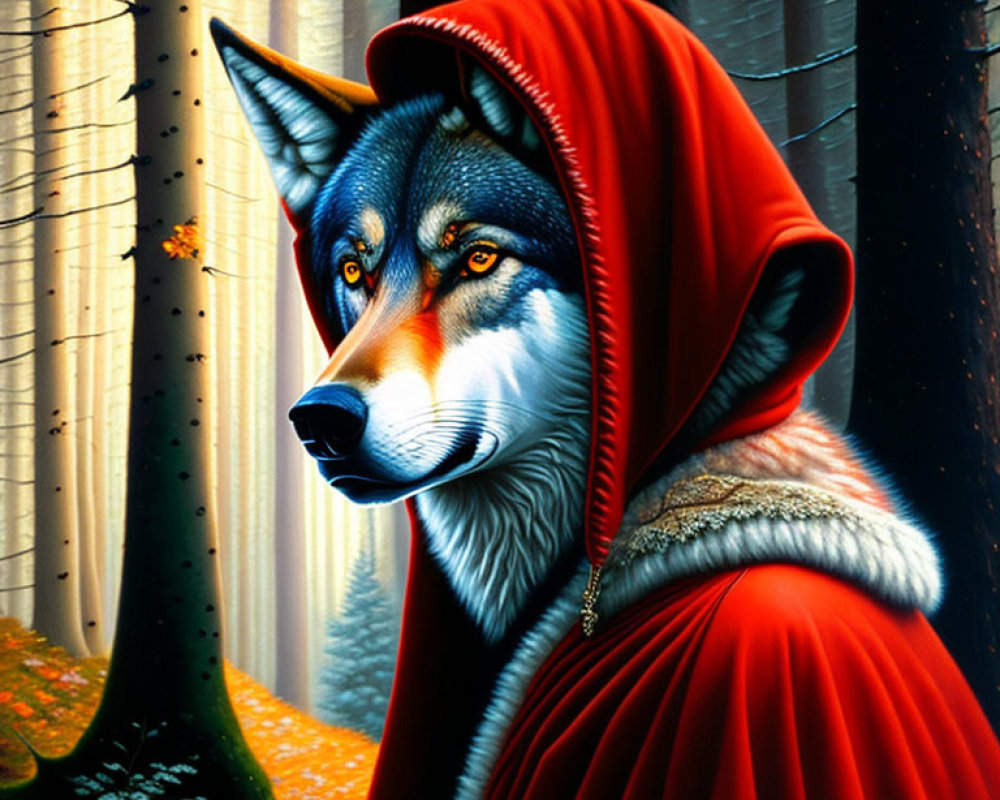 Illustration of wolf with human-like features in red cloak in forest