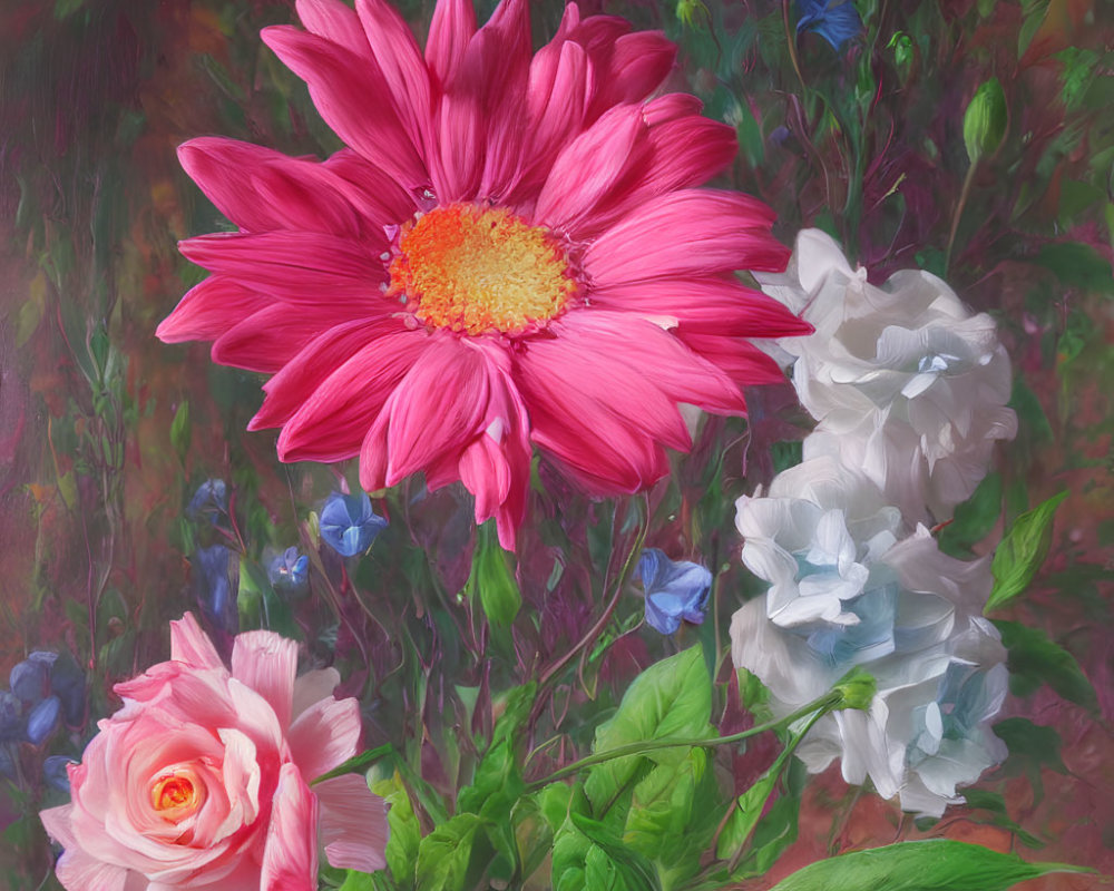 Colorful floral arrangement with pink daisy and rose on painterly background