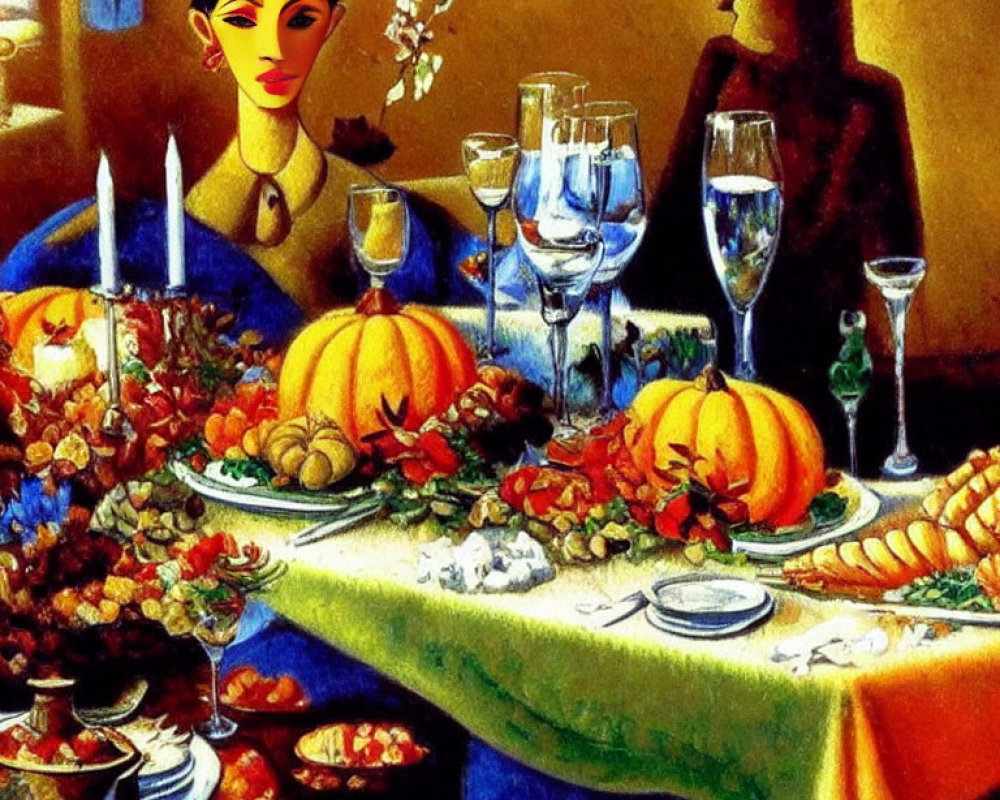 Abundant Feast with Pumpkins, Fruits, Lobsters, and Woman in Warm Ambiance