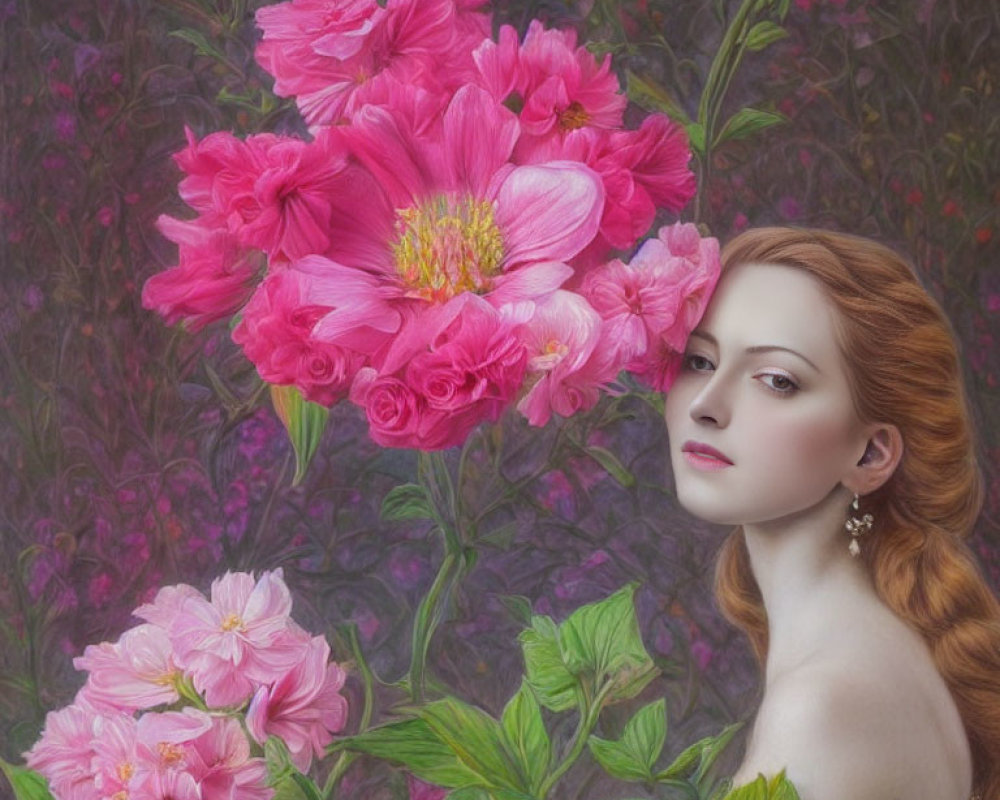 Red-Haired Woman Surrounded by Pink Flowers and Green Foliage