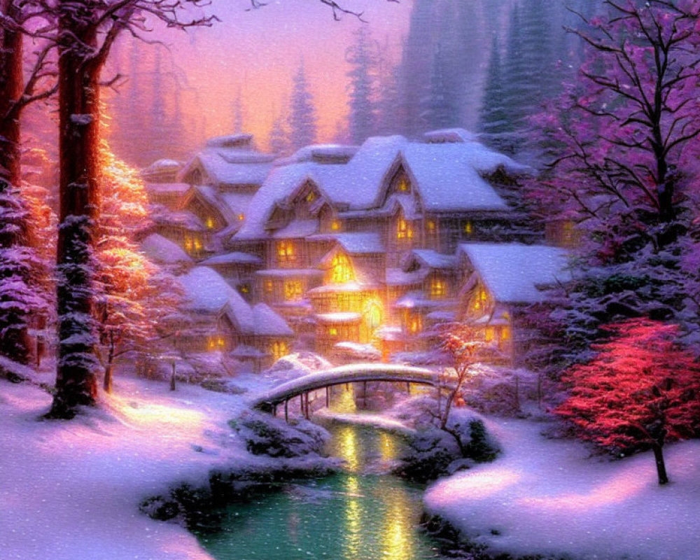 Snow-covered village with warm lights and bridge over stream.