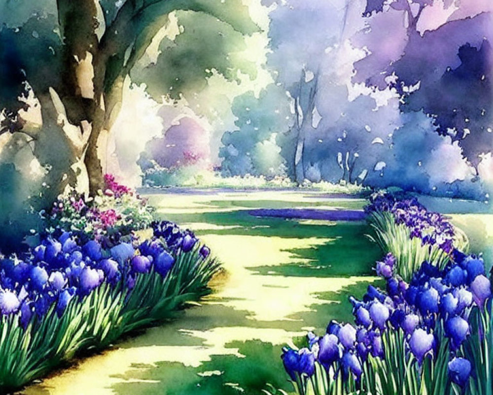 Serene garden path with vibrant purple flowers in watercolor