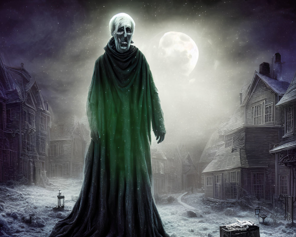 Ghostly figure in dark cloak on snowy Victorian street at night