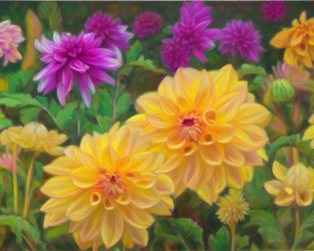 Colorful Painting of Yellow and Purple Dahlias in Impressionistic Style