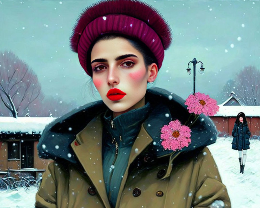 Stylized portrait of woman with red lips and beret in snowy setting