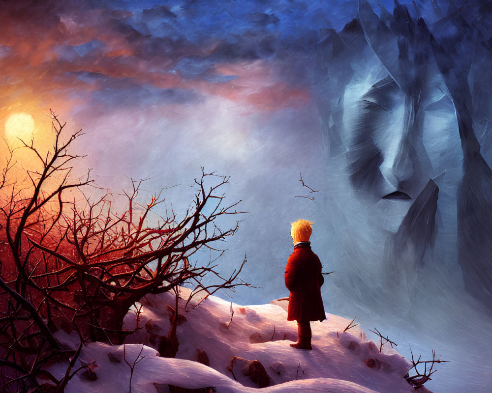 Child in red coat on snowy hill near face-shaped mountain under dramatic sunset.