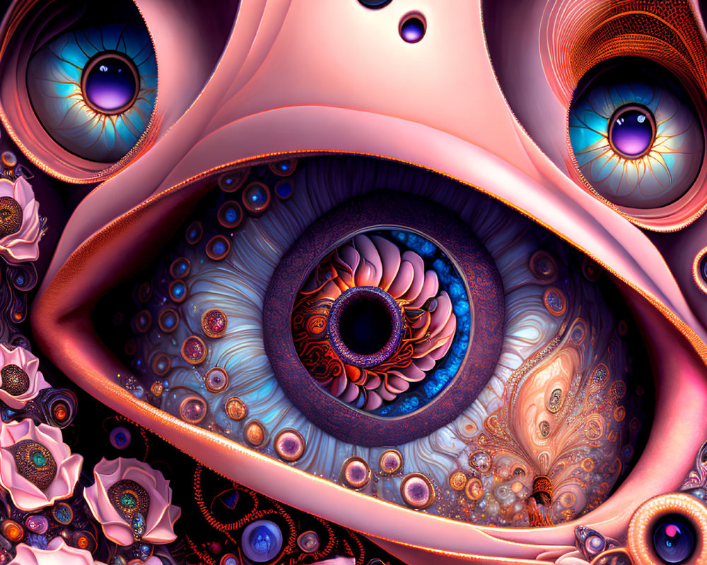 Colorful fractal art with eye-like patterns and intricate details in warm and cool hues.