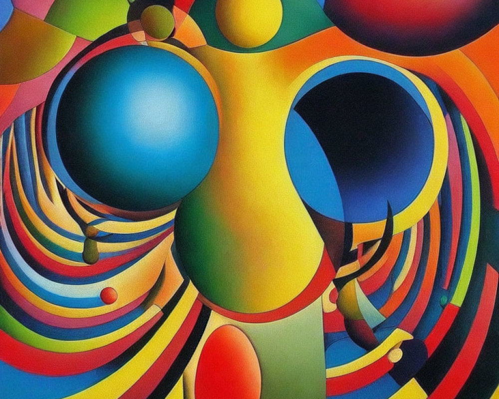 Colorful Abstract Painting with Spherical Shapes and Swirling Lines