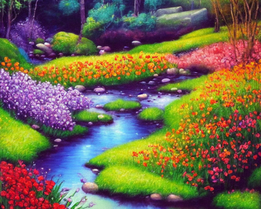 Colorful Painting of Serene Stream in Lush Garden