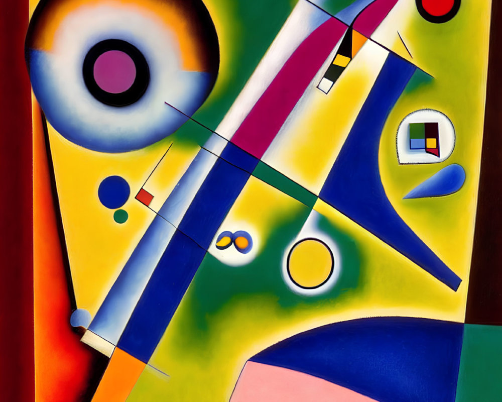 Vibrant Abstract Painting: Geometric Shapes, Central Eye Motif, Intersecting Lines