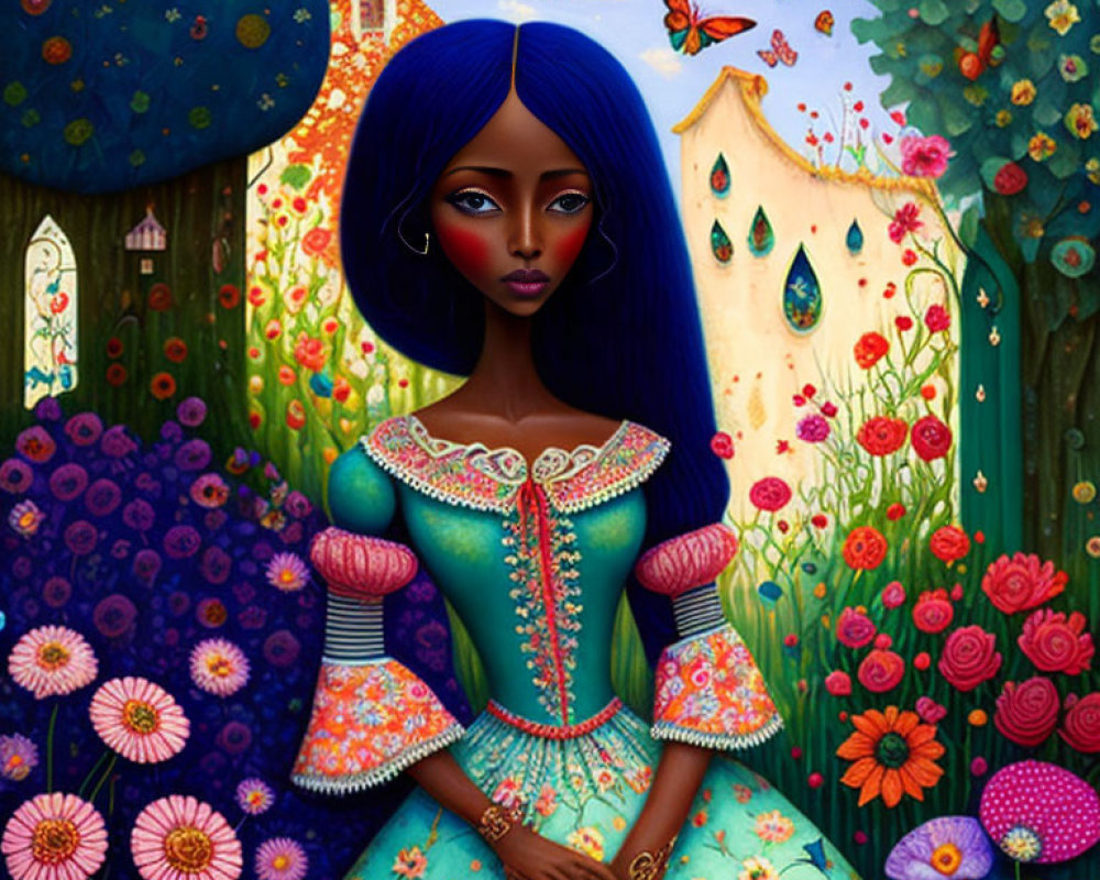 Vibrant illustration of woman with blue hair in colorful dress in whimsical garden