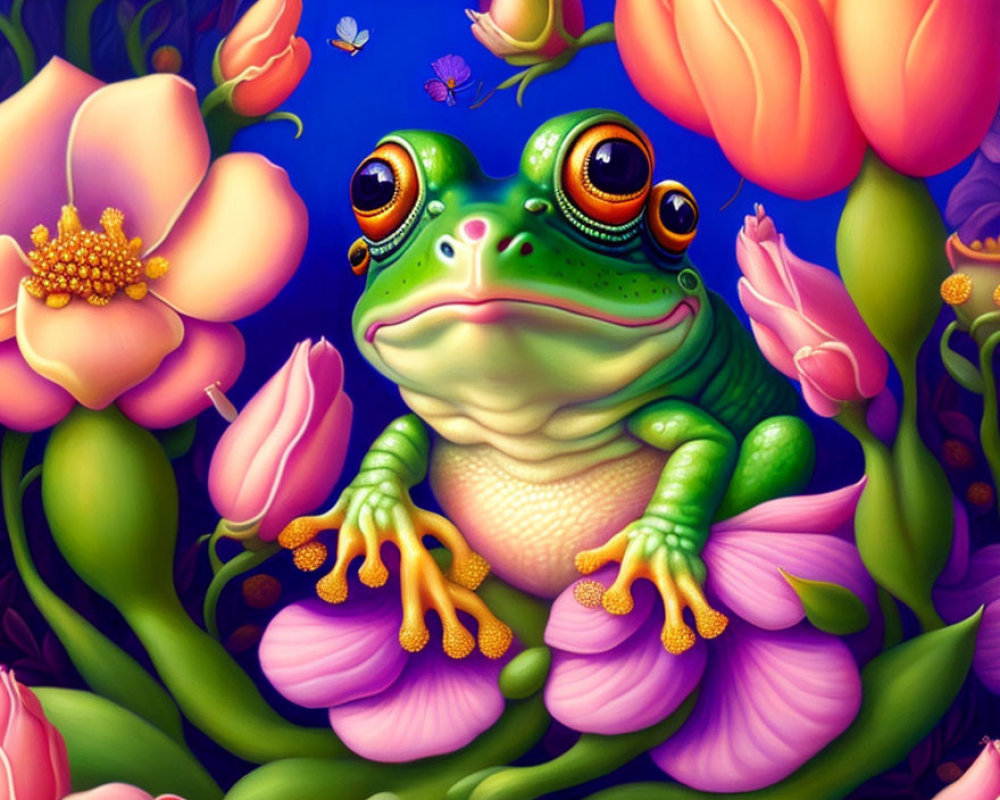 Colorful illustration: Green frog surrounded by flowers and foliage with insect