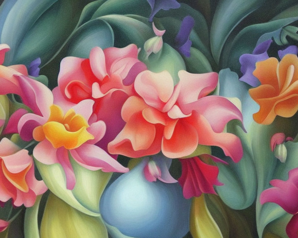 Colorful painting of assorted flowers in pink, orange, and purple with green leaves and a blue sphere