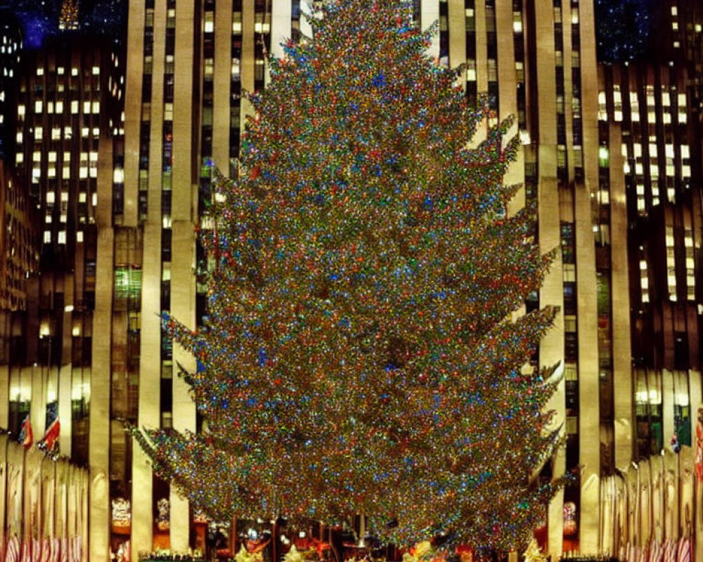 Multicolored Lights Christmas Tree in Plaza with International Flags