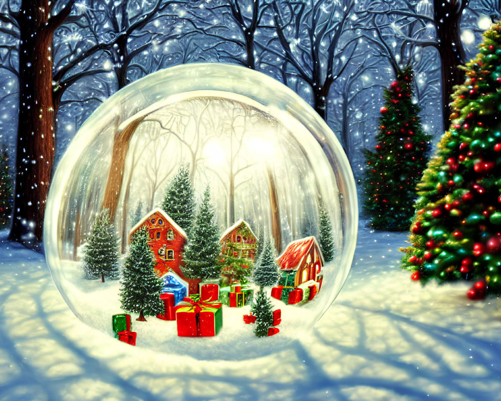 Detailed Snow Globe Scene with Miniature Houses and Christmas Tree