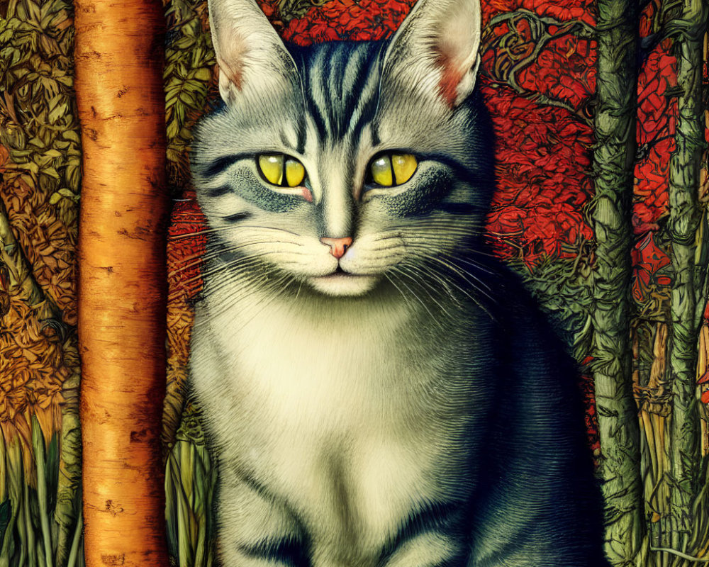 Gray Striped Cat with Yellow Eyes in Floral Setting