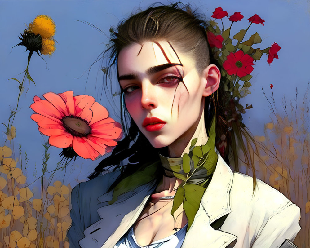 Stylized portrait of woman with striking makeup in vibrant wildflower setting