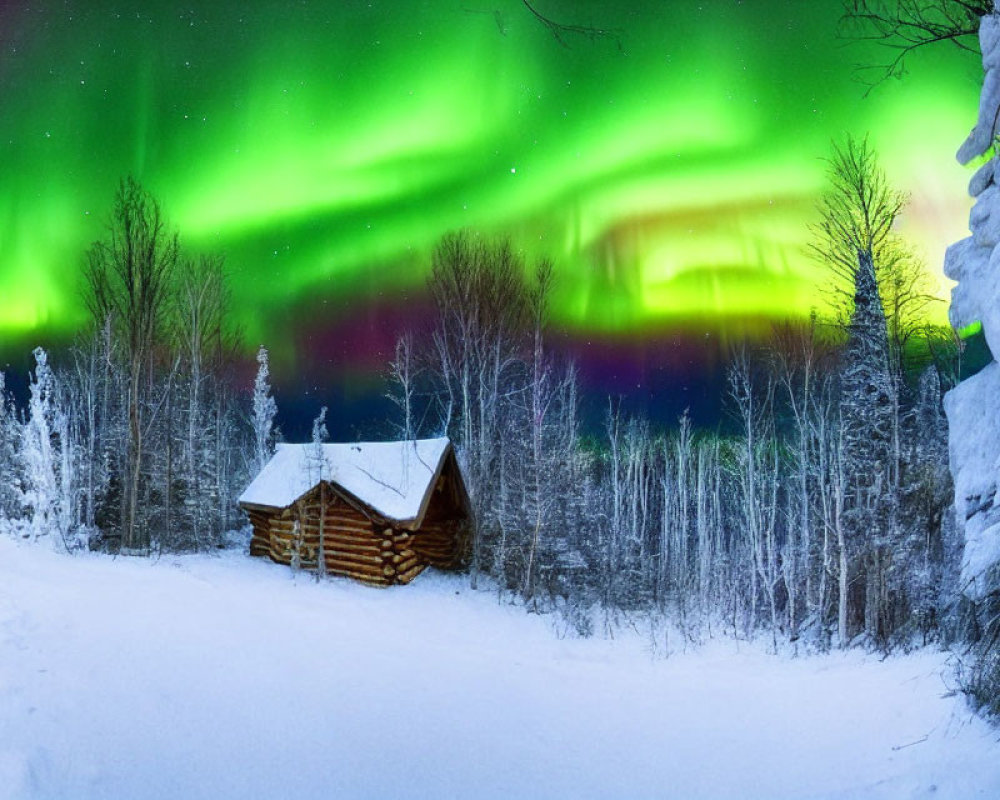 Wooden cabin in snowy forest under vibrant aurora borealis