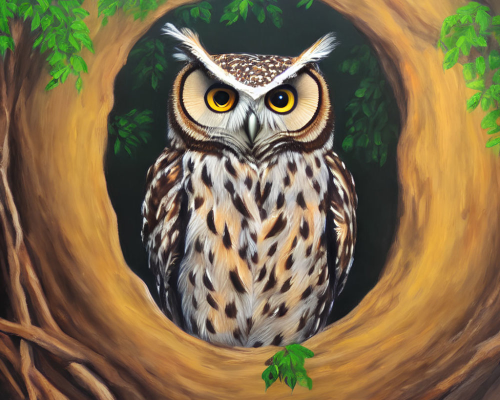 Owl perched in tree hollow with captivating eyes