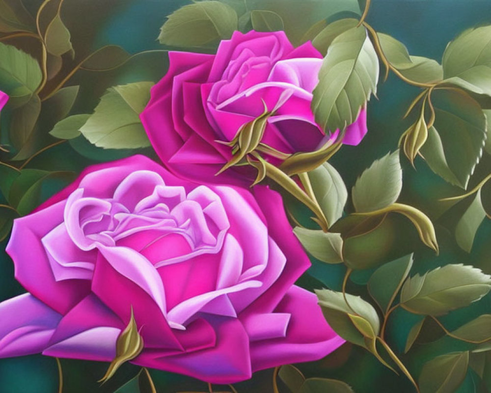 Vibrant painting of three pink roses on dark background