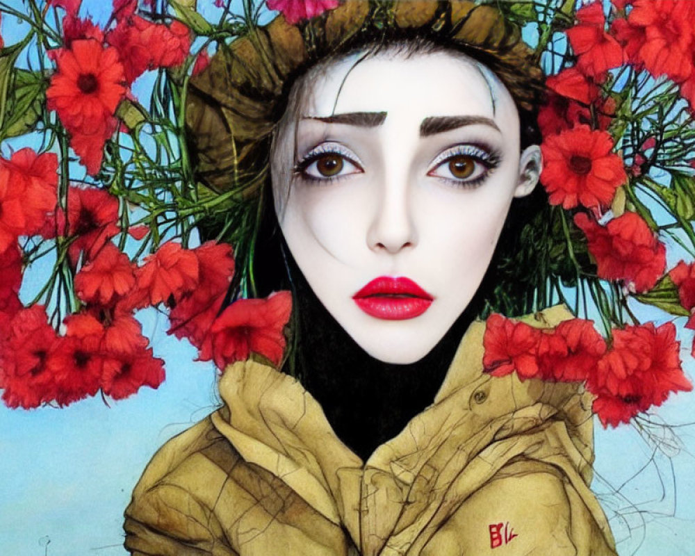 Illustration of woman with red flowers and striking makeup on yellow garment