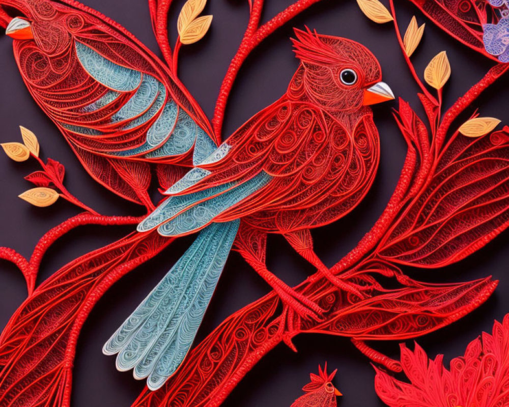 Detailed Red and Blue Quilled Birds on Branches with Foliage and Flowers