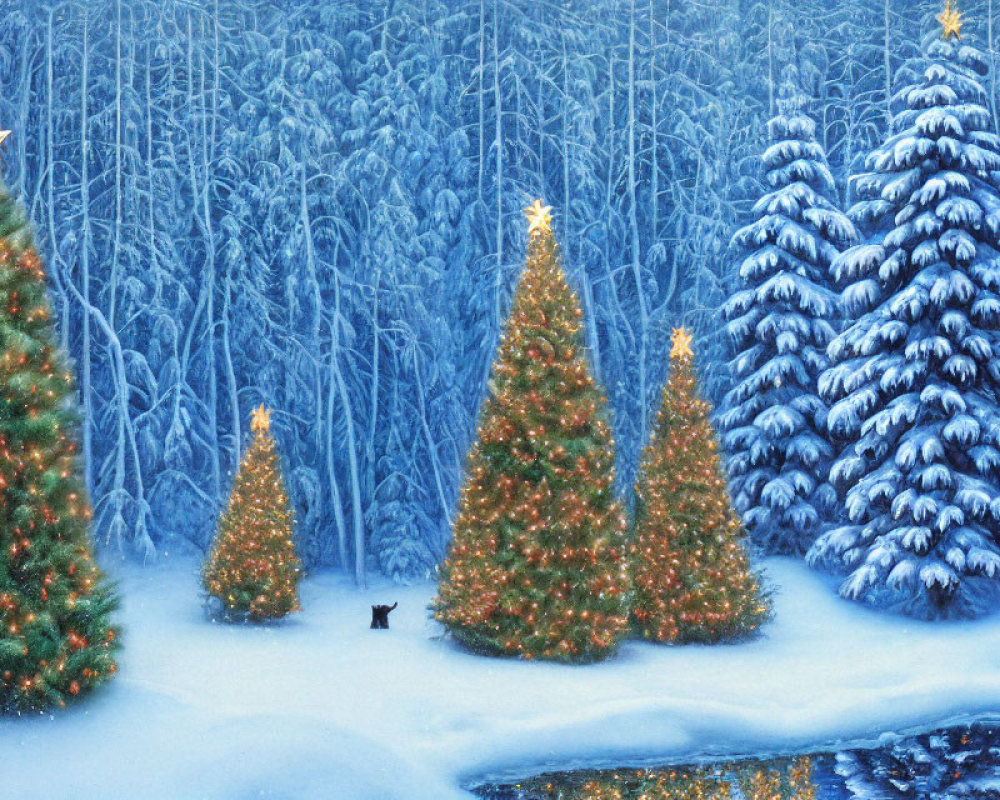 Winter Scene with Snow-Covered Trees, Christmas Tree, Lights, Cat, and Icy Pond