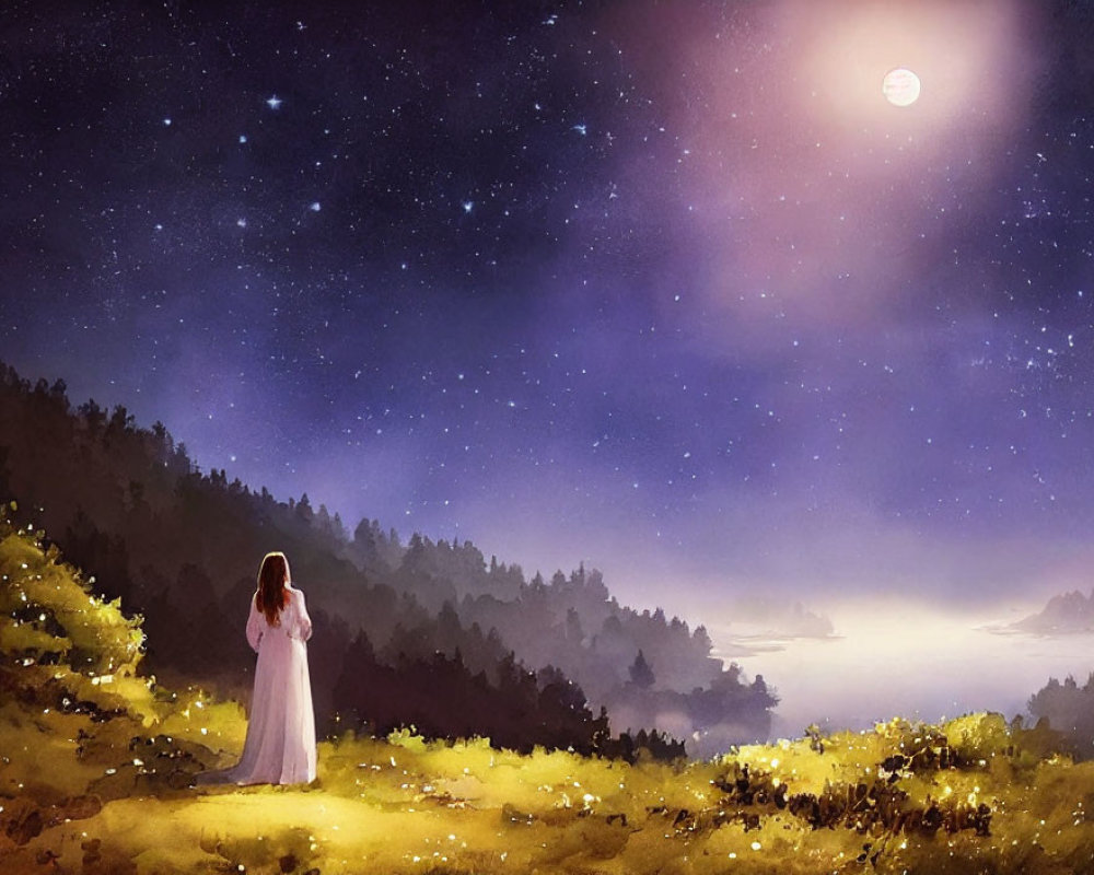 Person in white dress gazes at misty valley under starry night sky