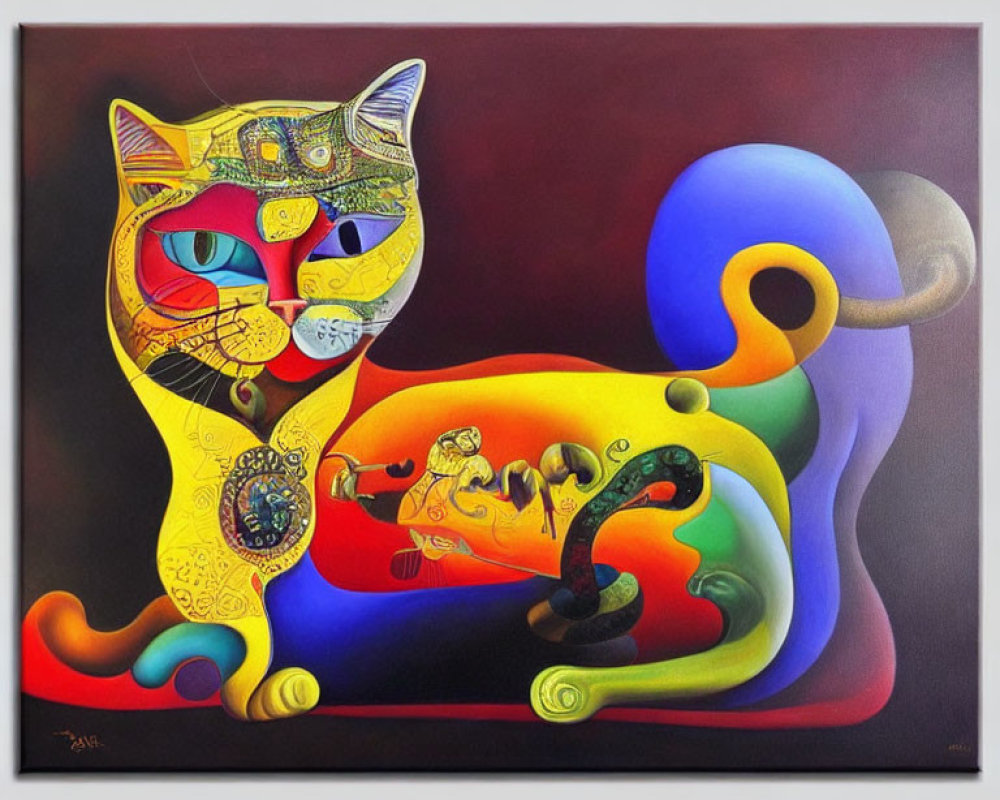 Vibrant abstract painting of two stylized cats with ornate patterns