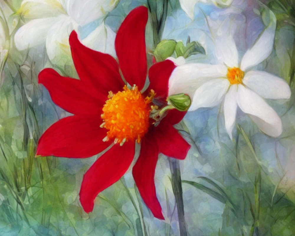 Colorful red flower with yellow center in painterly style