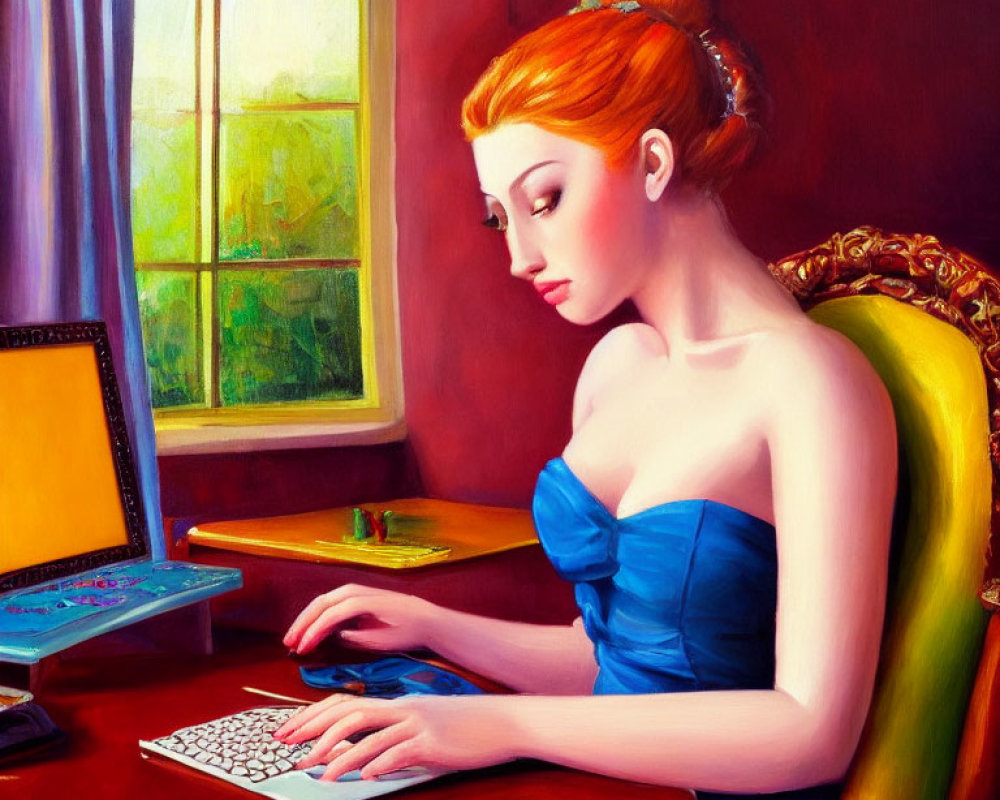 Woman with Red Hair in Blue Dress Working on Computer at Desk by Window with Greenery