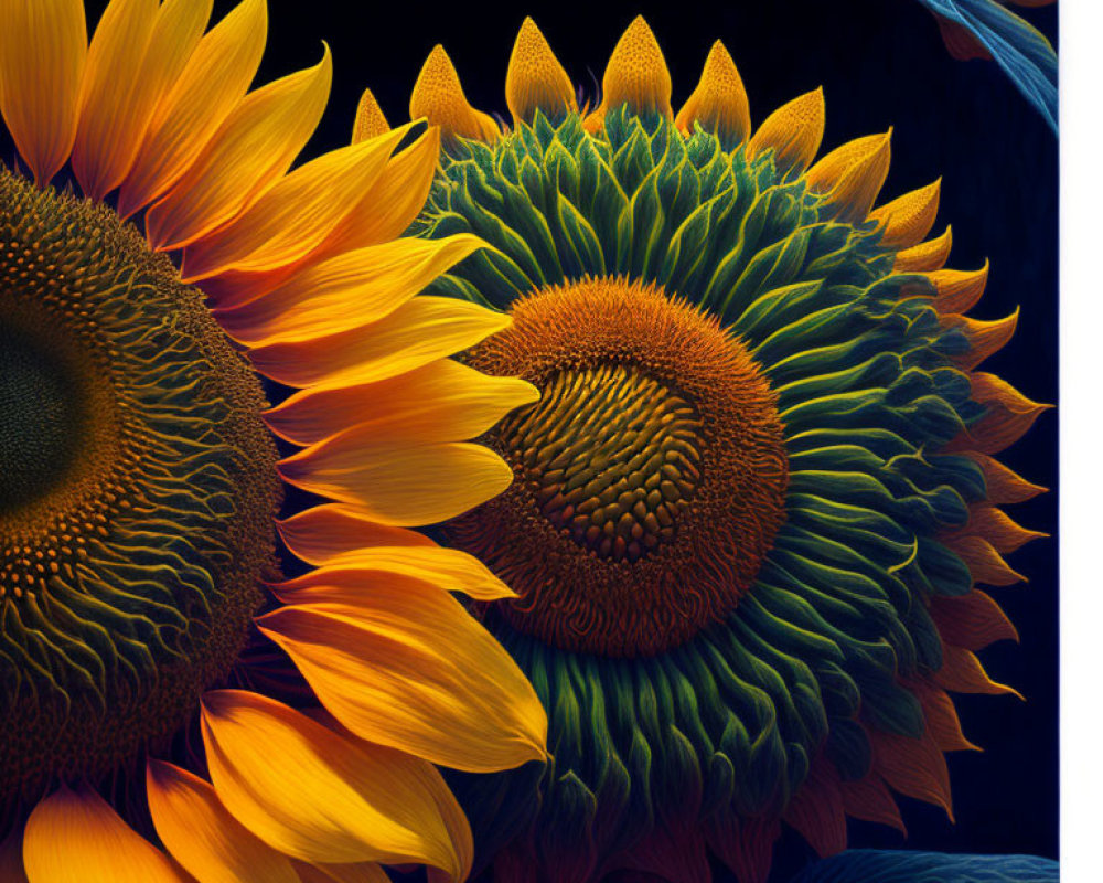 Detailed digital artwork featuring vibrant sunflowers on dark background