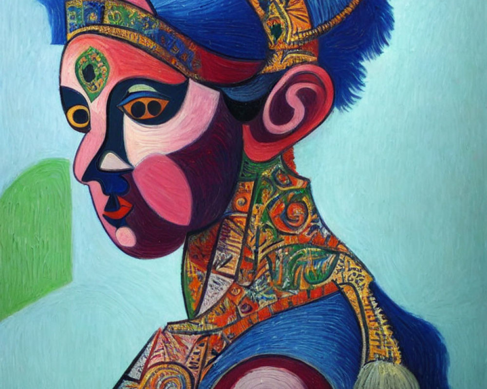 Vibrant profile figure painting with intricate headgear and colorful hues