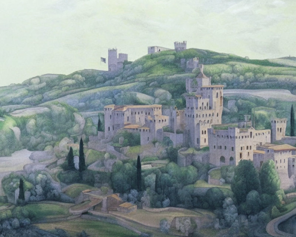 Watercolor landscape of medieval castles on green hills under overcast sky