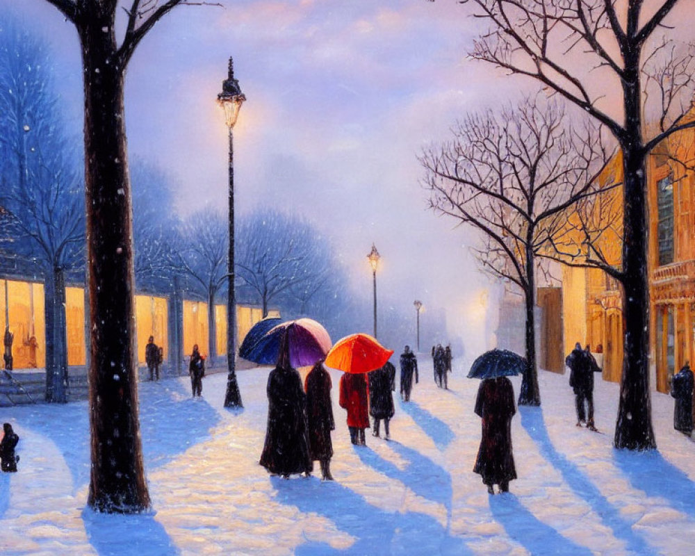 Snowy Cityscape Twilight: Pedestrians with Colorful Umbrellas & Glowing Street Lamps