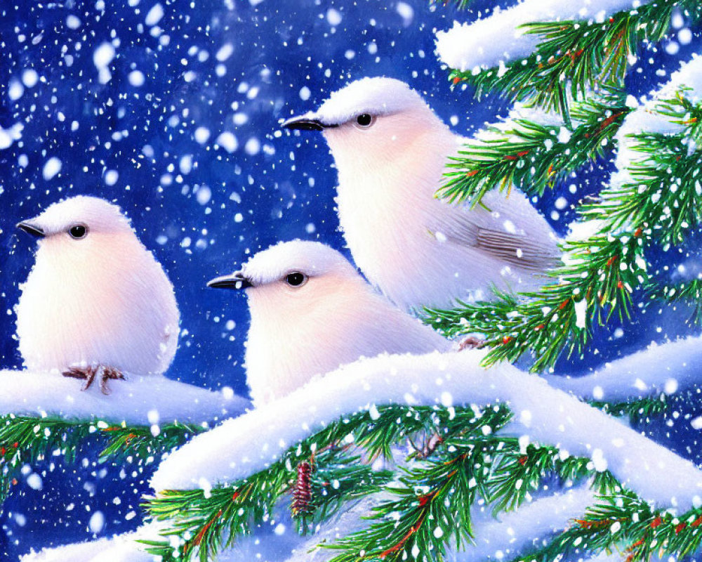 Three white birds on snow-covered fir branches under falling snowflakes on blue background.