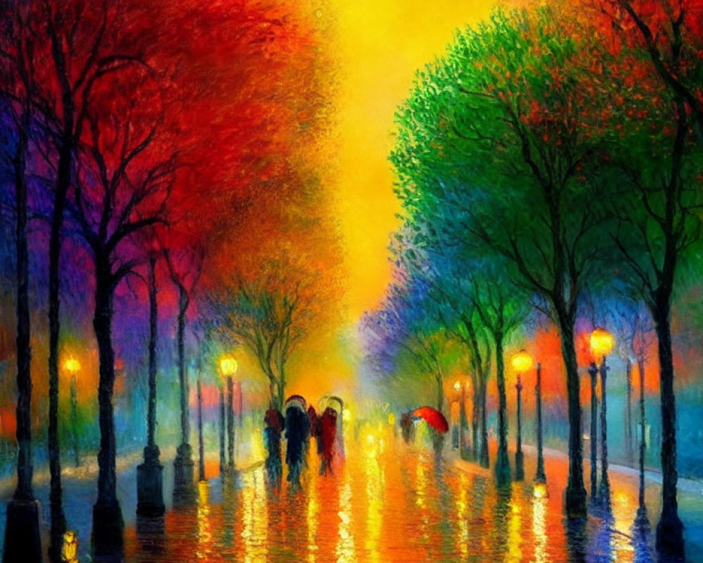 Impressionist-style painting of rain-soaked street at night