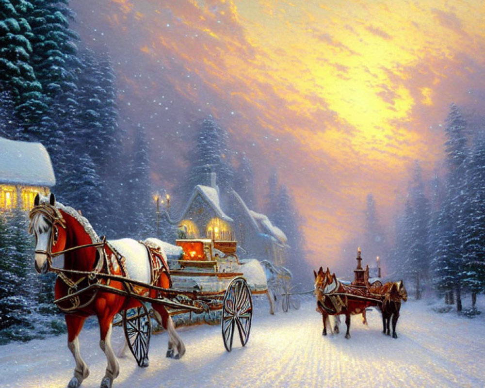 Snowy village scene: Horse-drawn carriages, cozy houses, orange dusk sky