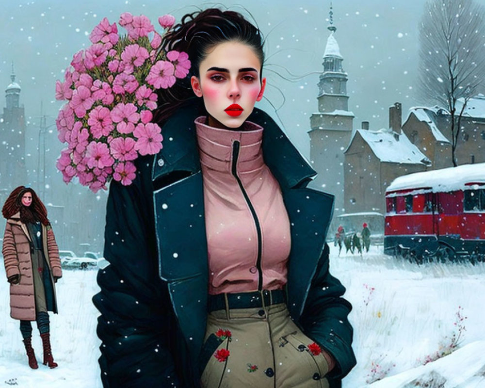 Illustrated woman in pink top and black jacket in snowy vintage tram scene