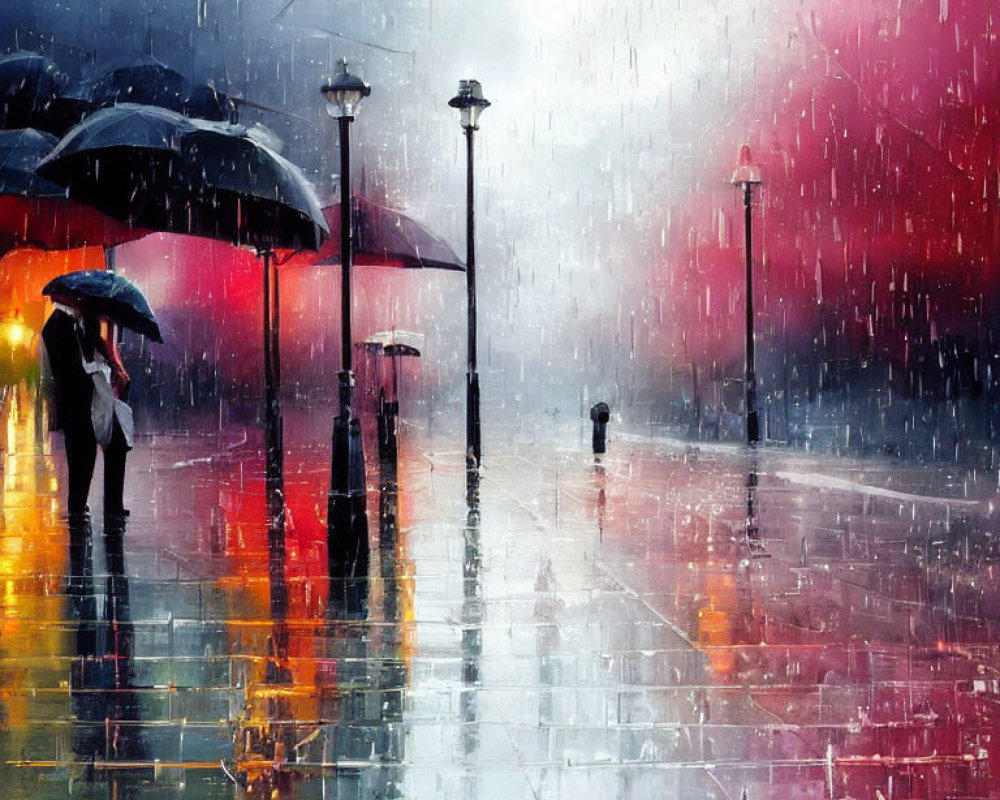 Colorful painting of people with umbrellas on rain-soaked street at night