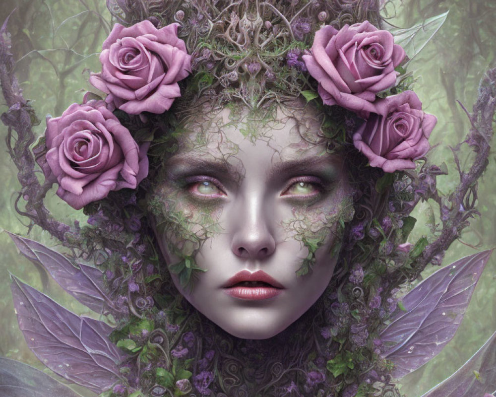 Fantasy portrait of woman with floral patterns, purple roses, butterfly wings, and green ambiance