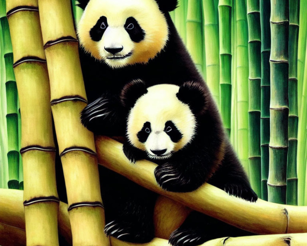 Two pandas in bamboo forest sitting and looking at viewer