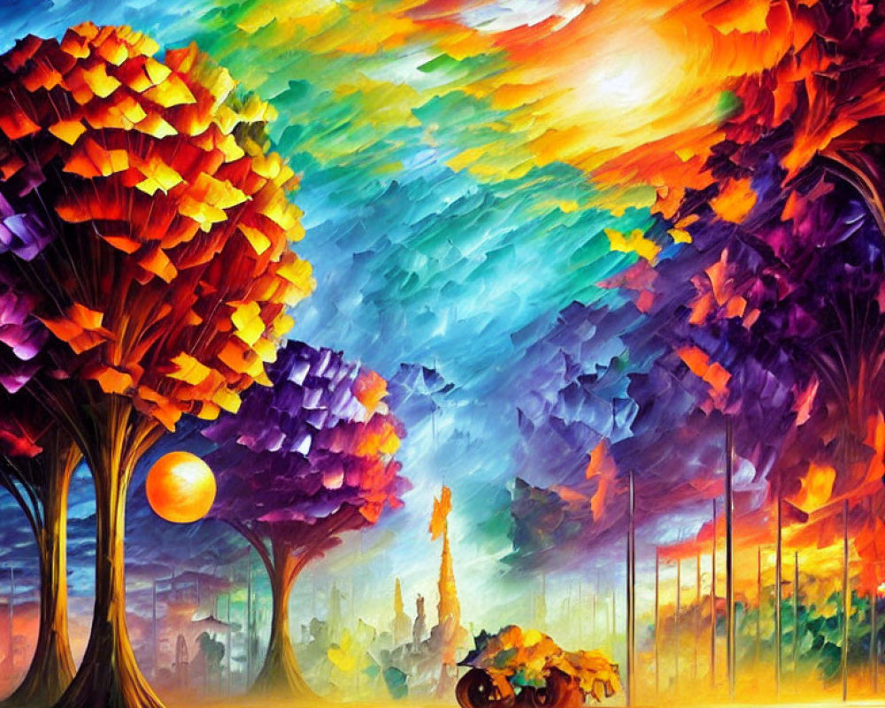 Colorful Landscape Oil Painting with Spectrum Sky and Bicycle under Golden Sun