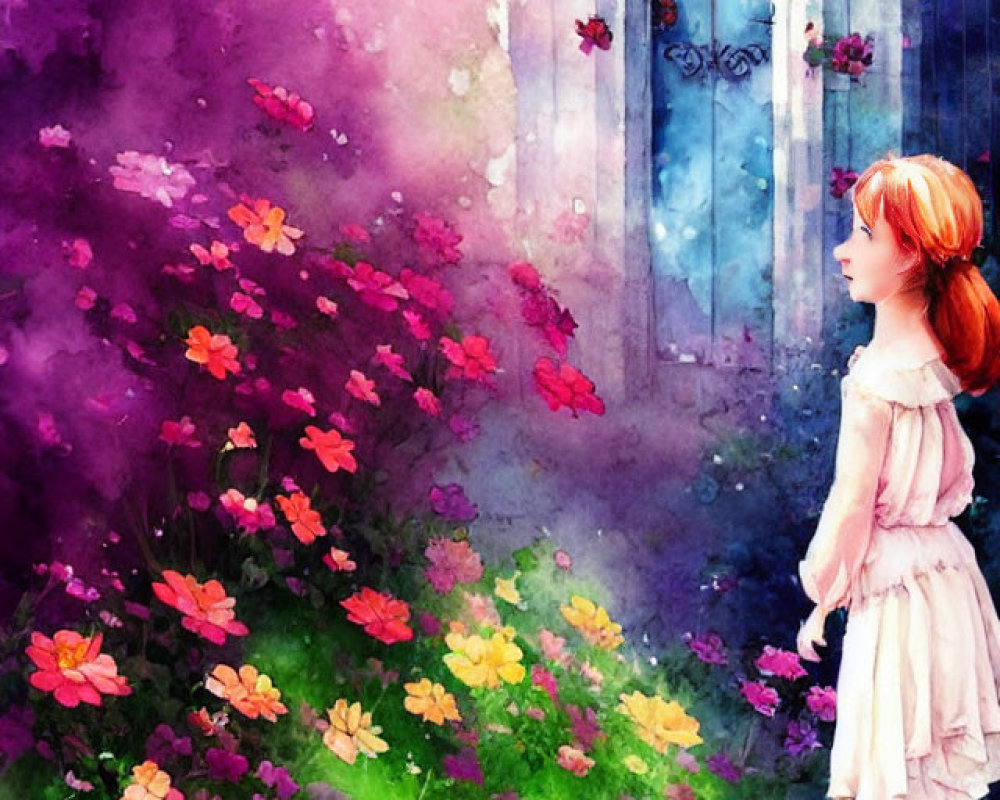 Girl in white dress by vibrant garden and ornate lamppost in colorful watercolor scene.